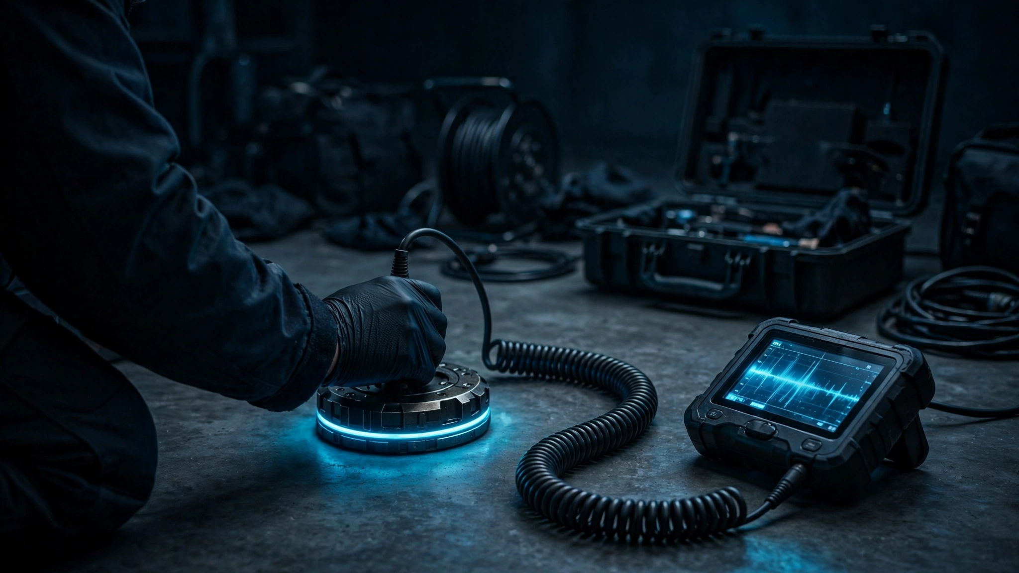 Technician using acoustic ground microphone equipment to locate a hidden leak