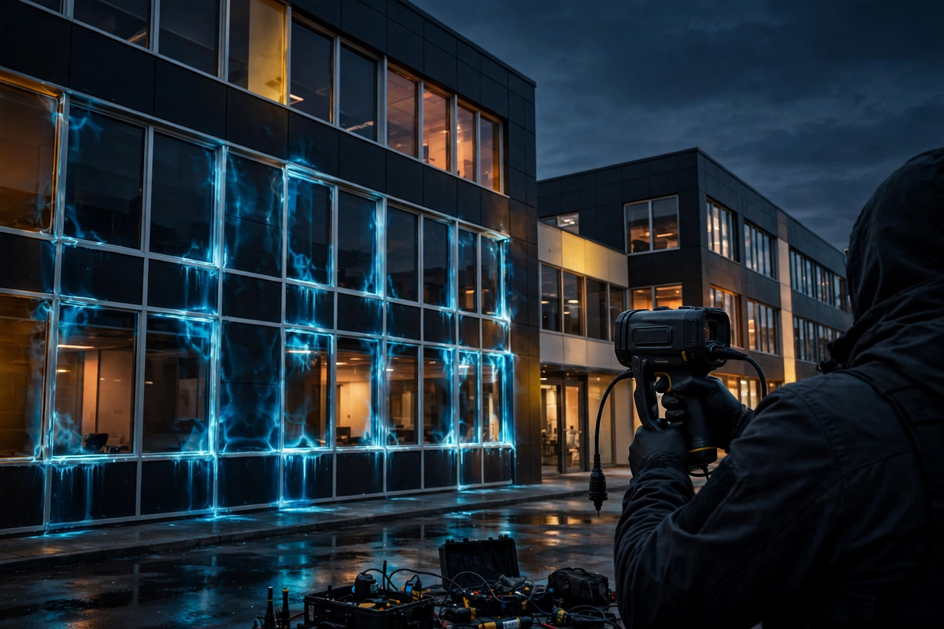 Commercial building facade with thermal overlay during water intrusion testing in Camarillo