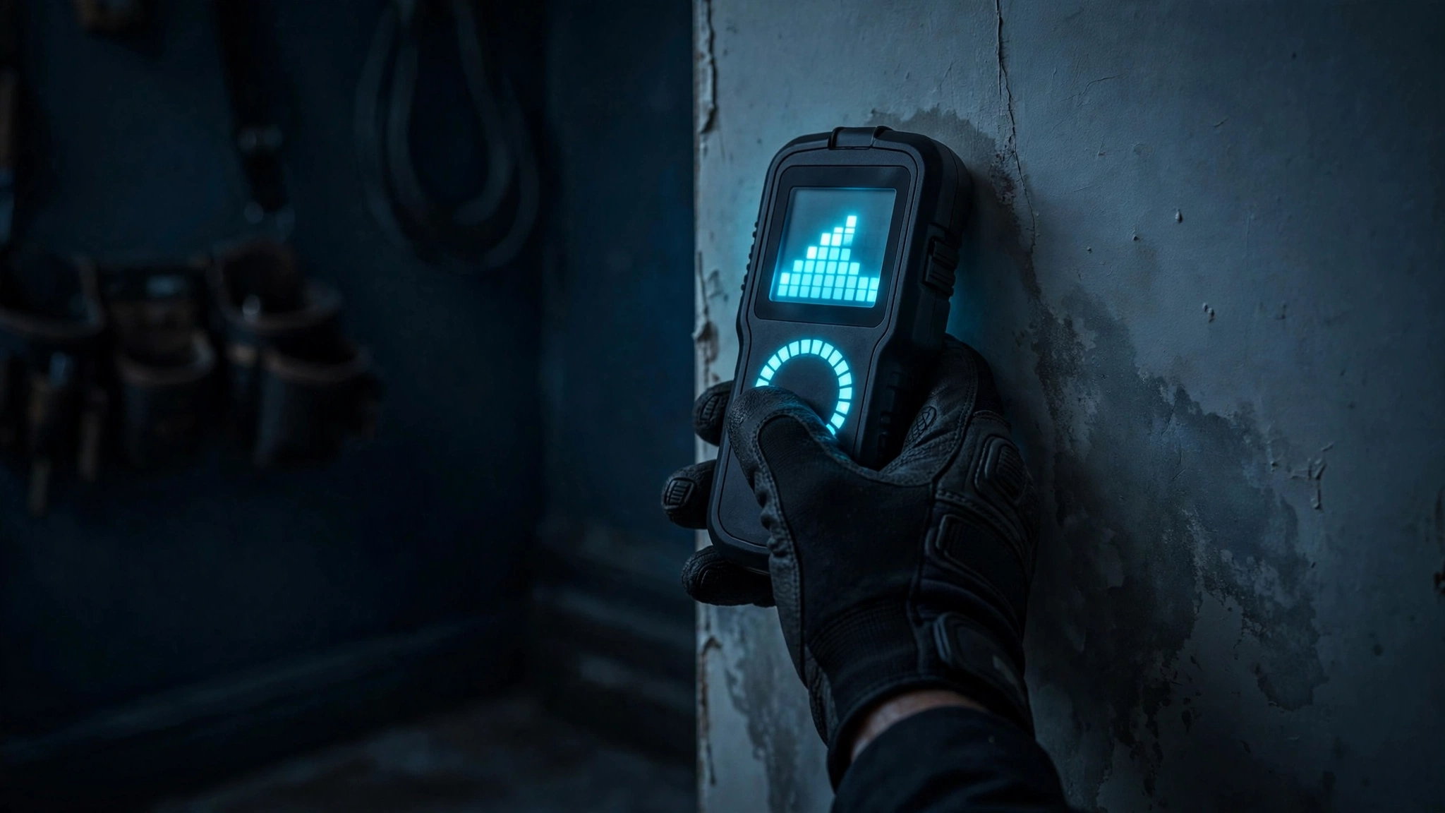 Technician using a moisture meter on a stained interior wall during a Camarillo leak investigation